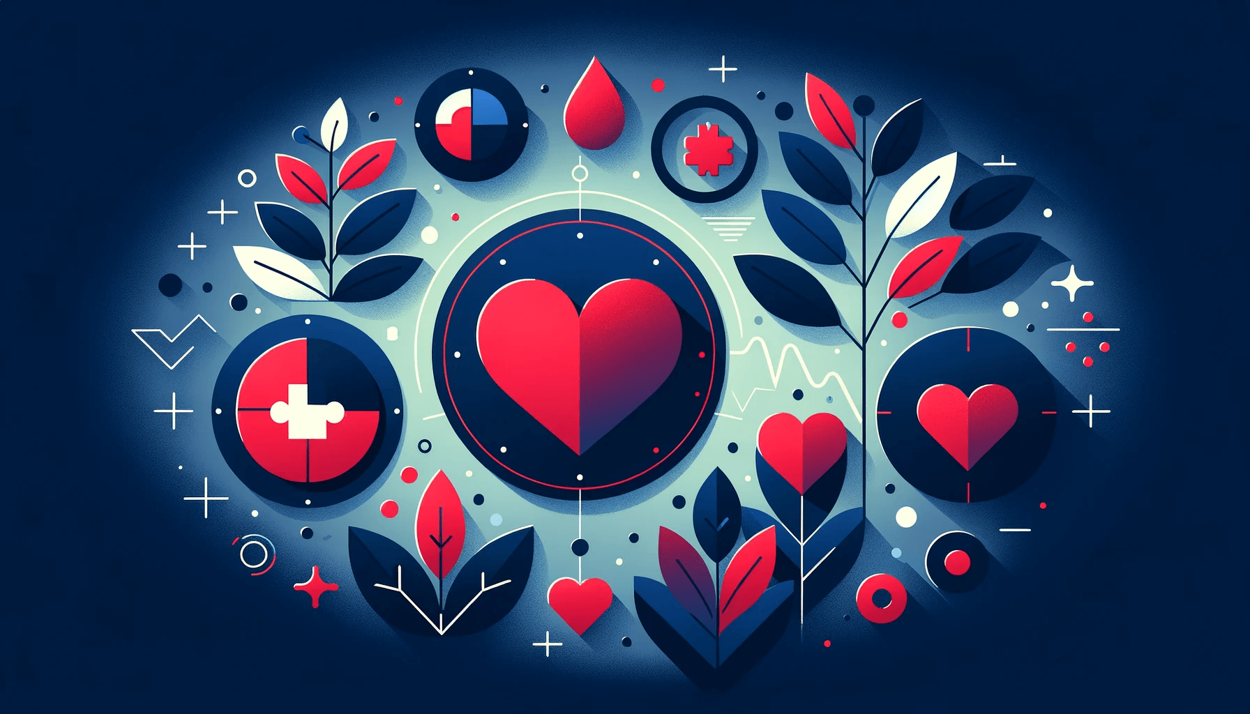 A graphically rich depiction centered around a large heart, flanked by botanical elements and medical icons in a symmetrical arrangement. Various smaller hearts and health-related symbols orbit the central heart, all against a dark blue backdrop. This image evokes a sense of healing and growth, suggesting the positive outcomes of healthcare or counseling services.