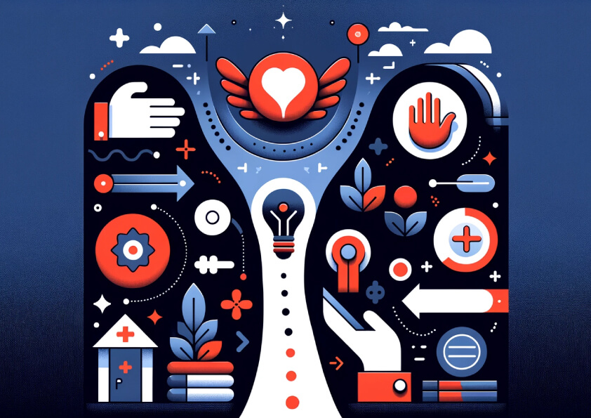 Vivid illustration of two large, stylized hands reaching toward a heart with wings, all against a dark blue background. The scene is filled with a variety of symbols such as a medical cross, books, a lightbulb, and botanical elements, arranged in a symmetrical pattern around the central heart. This design suggests themes of care, knowledge, and innovation in the field of mental health and counseling.