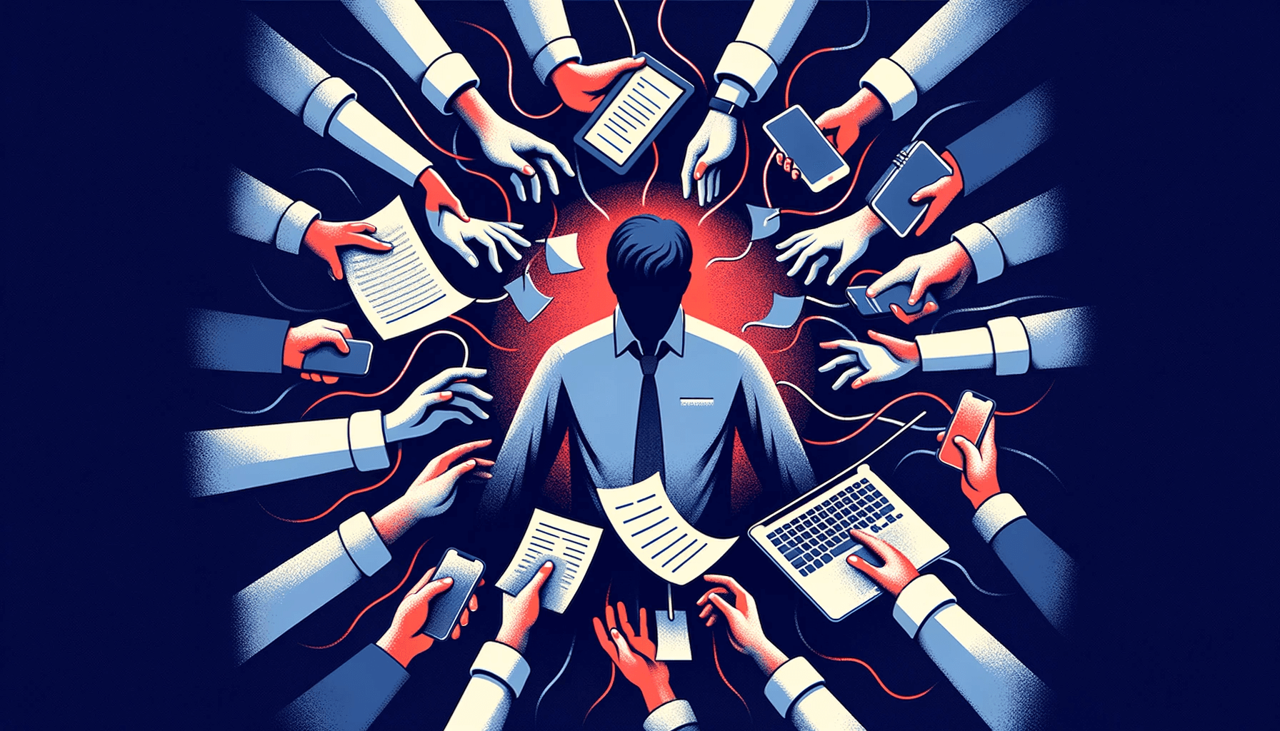 Dramatic illustration capturing the feeling of burnout with a central figure surrounded by a flurry of hands holding office items such as phones, documents, and laptops. The figure is engulfed by this chaos, symbolizing the overwhelming demands and constant connectivity of modern work life, set against a stark, dark blue background.